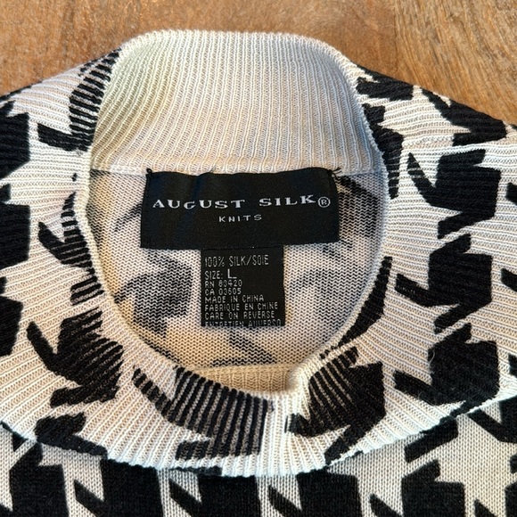AUGUST SILK • Ribbed Knit Houndstooth Top • 100% SILK • Size Large - Picture 2 of 6